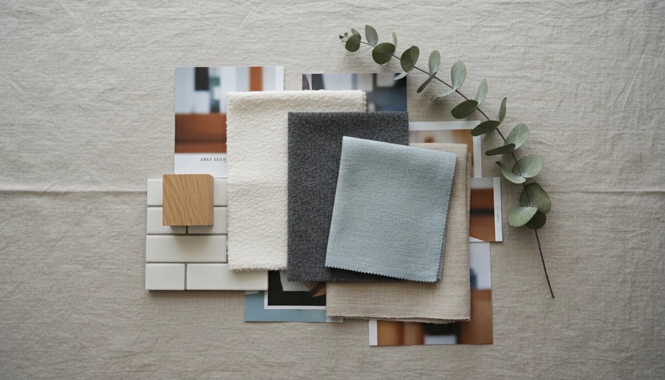Interior design mood board with fabric and material samples