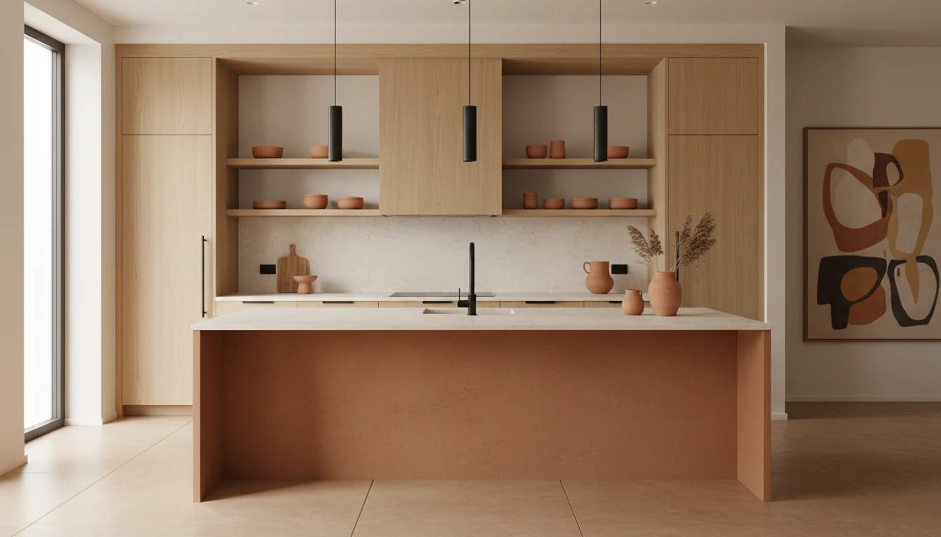 Kitchen interior generated in warm minimal style