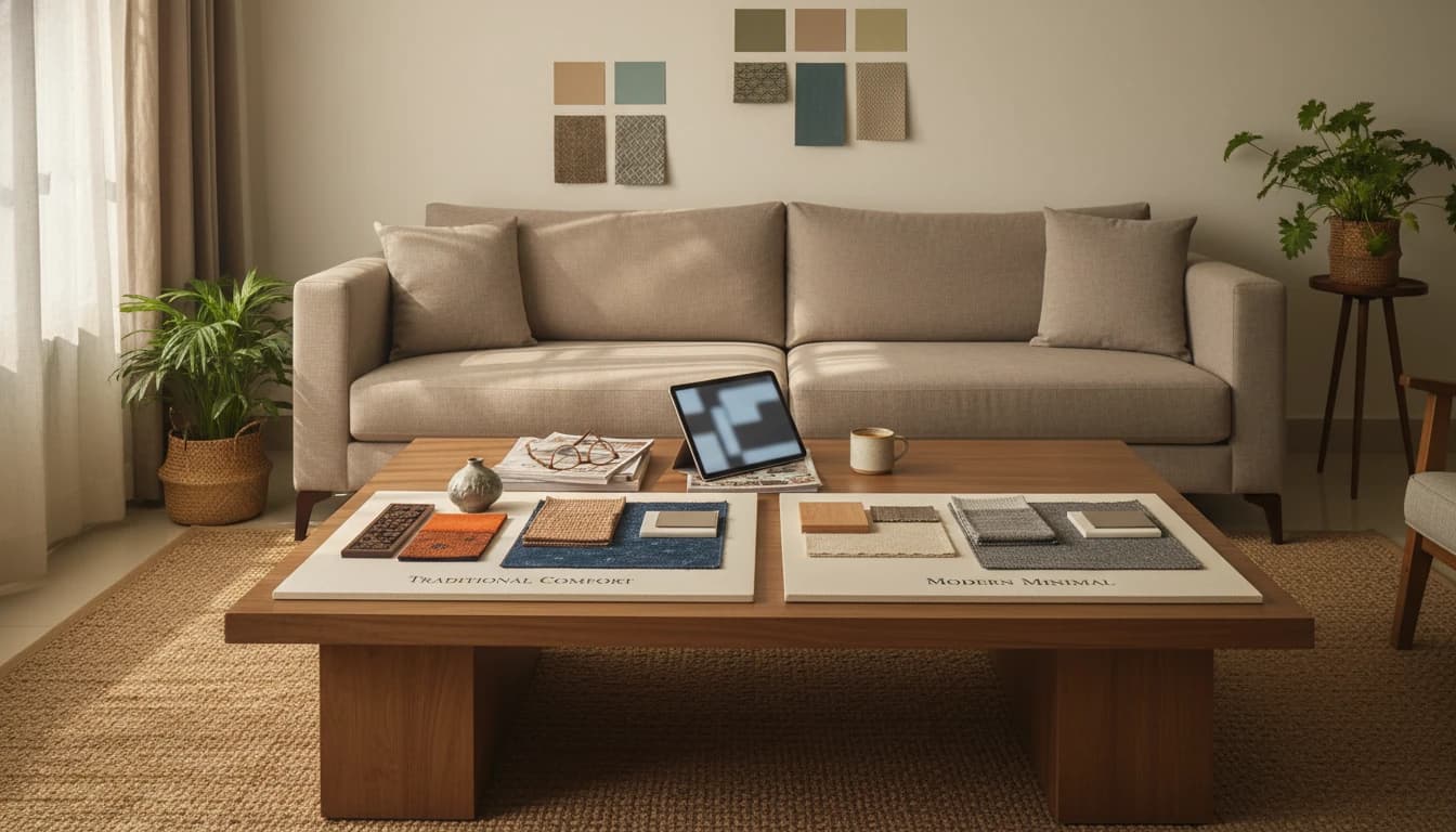 Lived-in living room with fabric and paint samples for previewing redesign choices